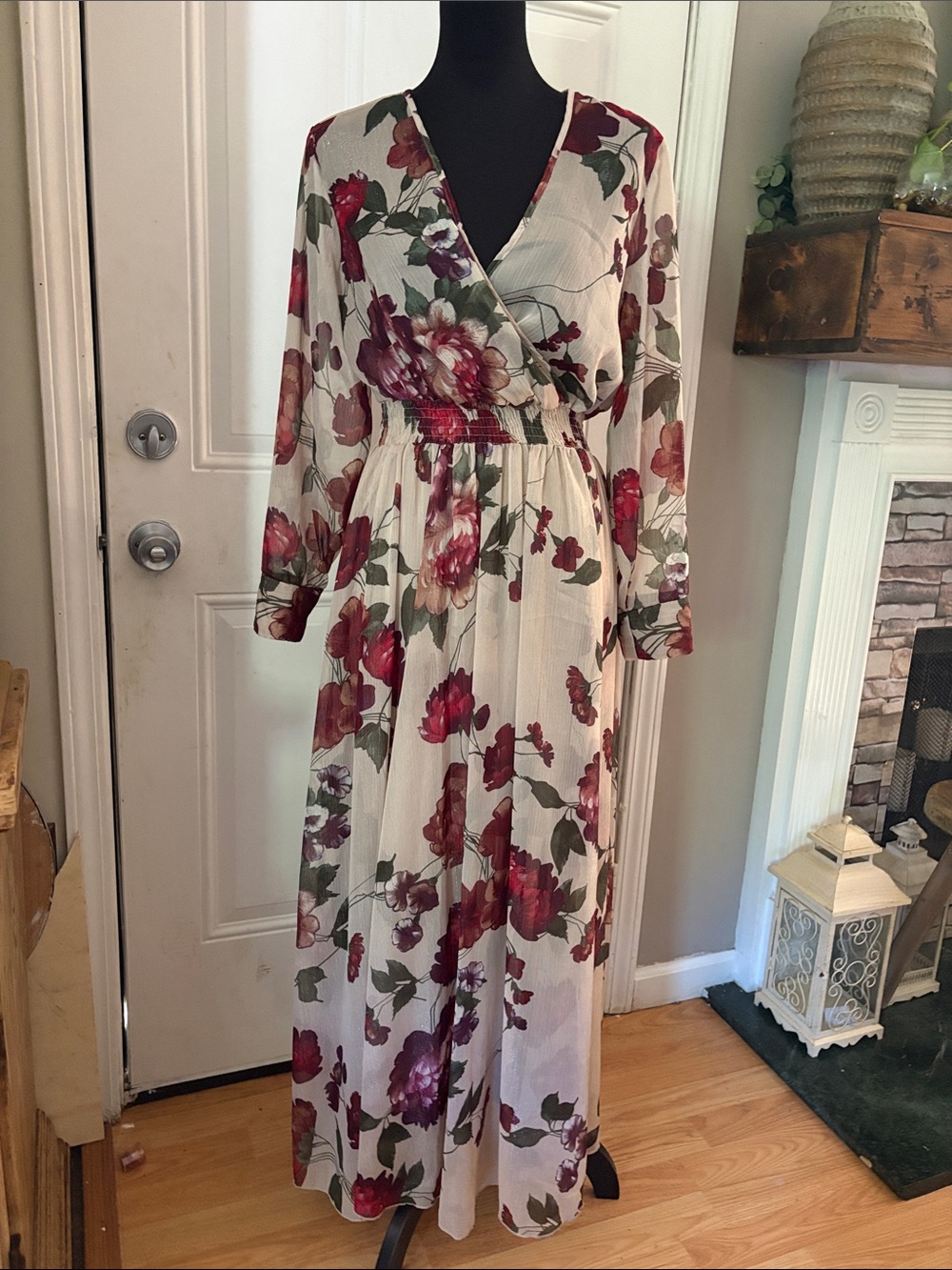 Cream Maxi Wrap Dress with Burgundy Floral Print 52” long